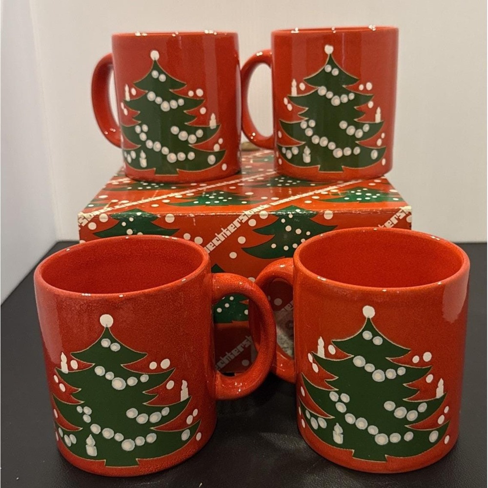 Waechtersbach Red Christmas Tree Mugs Mug Cups Germany Set Of 4 NEW Box